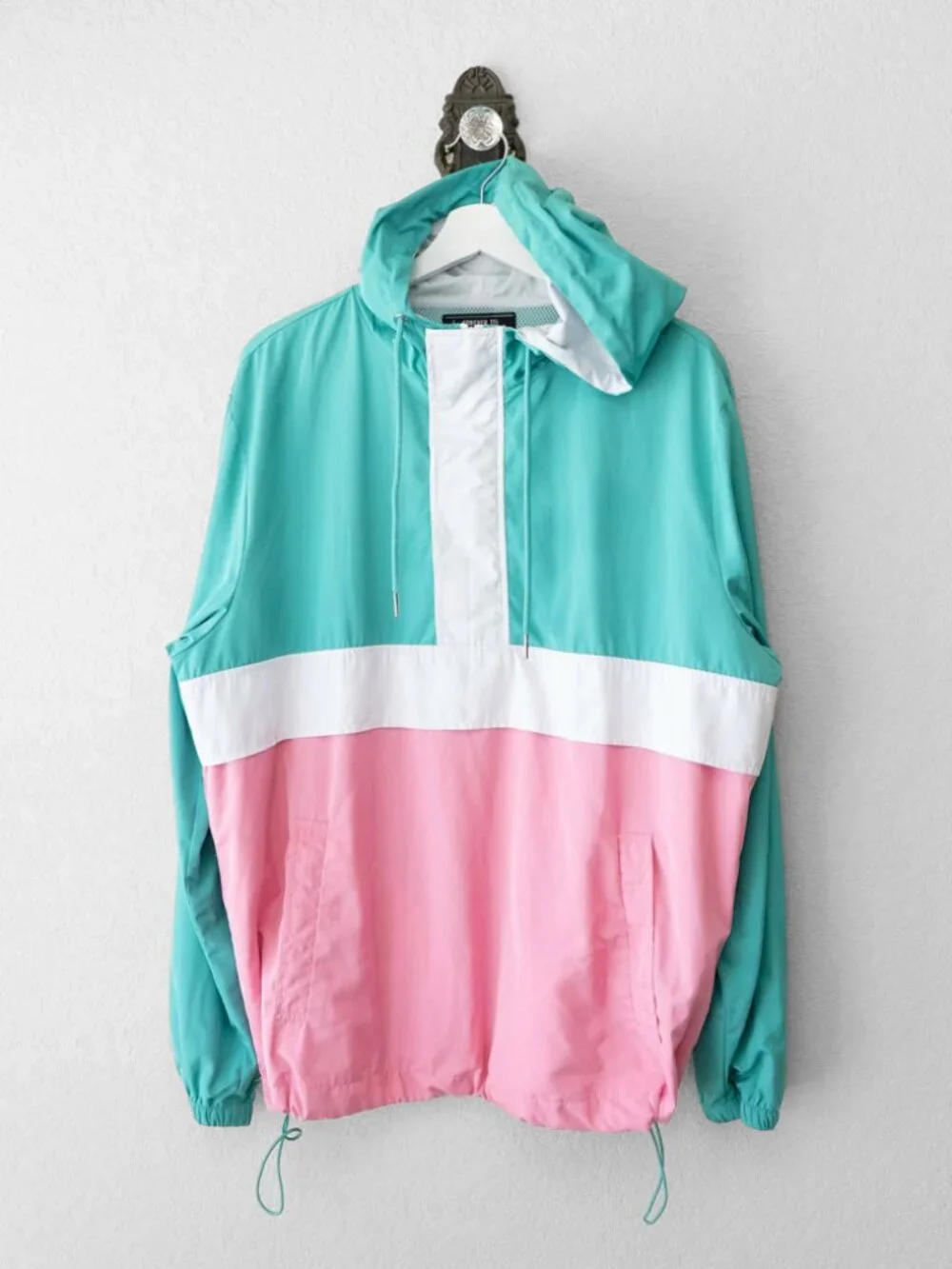 Forever 21 Windbreaker Womens L Pink Turquoise Colorblock Hooded Jacket Y2K